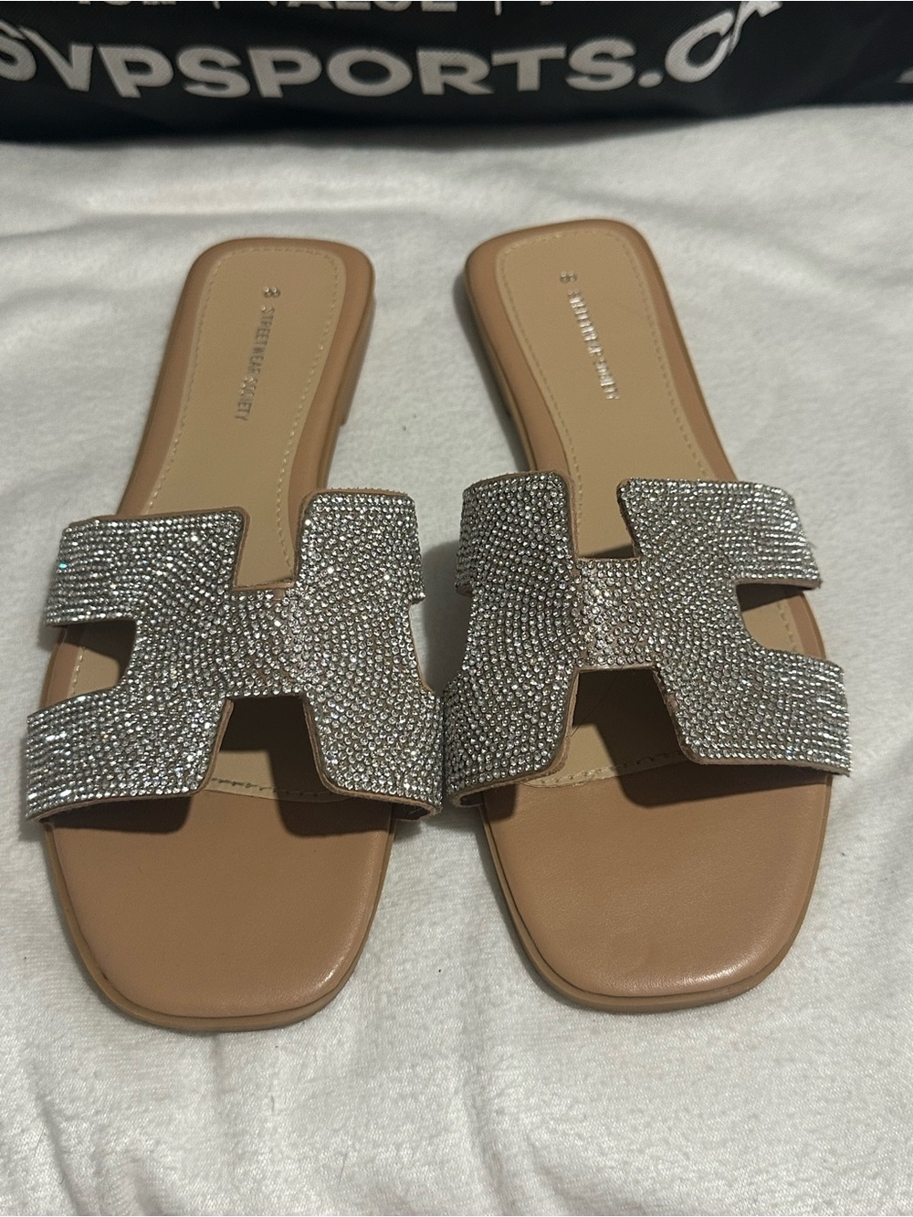 Streetwear Society Tan Slide Mules with Silver Crystal H-Strap